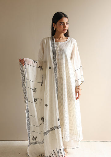 Ivory and Black Dotted Kurta Set