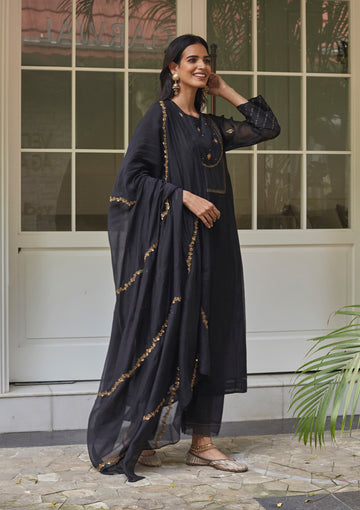 Midnight Black Embroidered Yoke Kurta Set