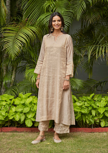 Almond Zari Embroidered Tissue Kurta Set