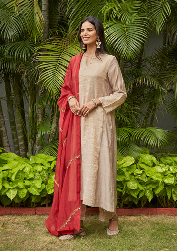 Almond Zari Embroidered Tissue Kurta Set with Scarlet Dupatta