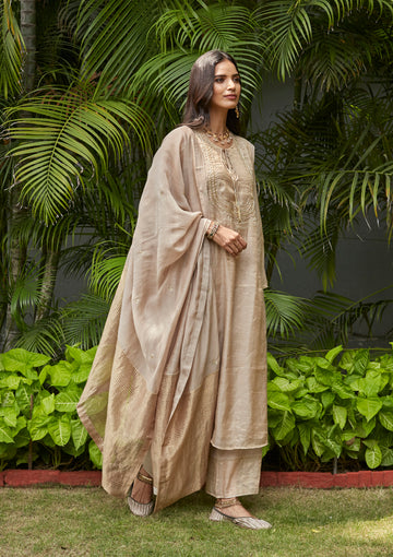 Almond Embroidered Yoke Tissue Kurta Set