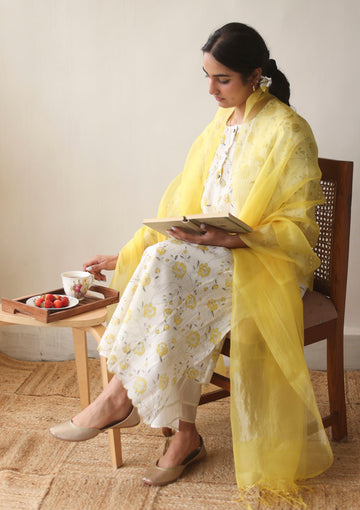 Ivory and Canary Floral Pintuck Kurta Set