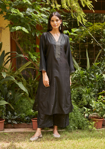 Charcoal Embroidered Silk Kurta Set