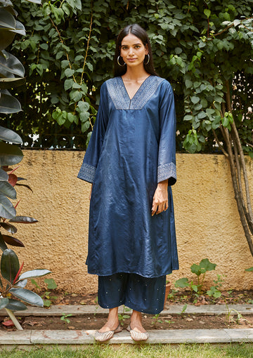 Indigo Embroidered Silk Kurta Set