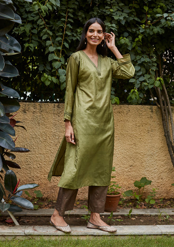 Leaf Green Embroidered Silk Kurta Set