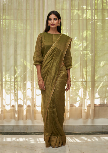 Leaf Green Embroidered Tissue Saree