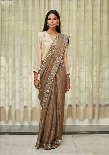 Metallic Grey Embroidered Tissue Saree