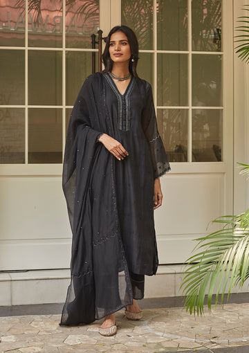 Midnight Black Embroidered Dotted Kurta Set