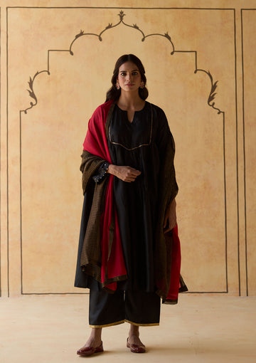 Midnight Black and Scarlet Colourblock Silk Kurta Set