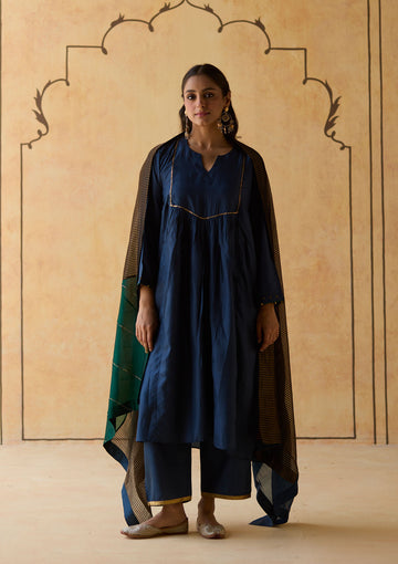 Midnight Blue Colourblock Silk Kurta Set