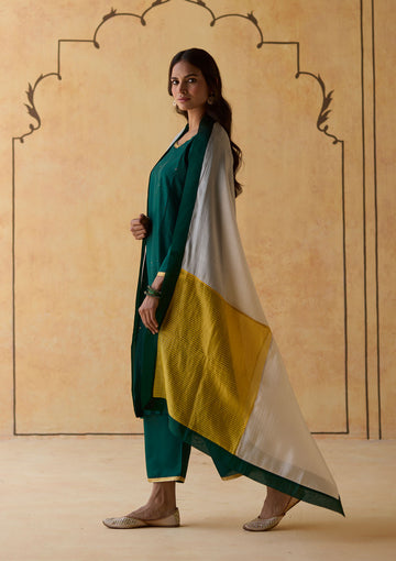 Emerald Colourblock Silk Kurta Set