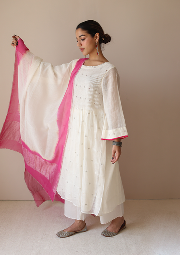 Ivory and Fuchsia Pintuck Kurta Set