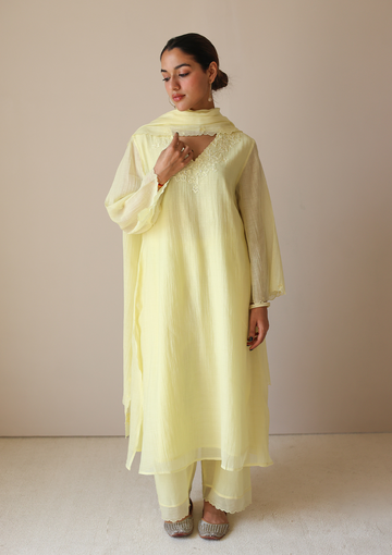 Canary Floral Threadwork Kurta Set