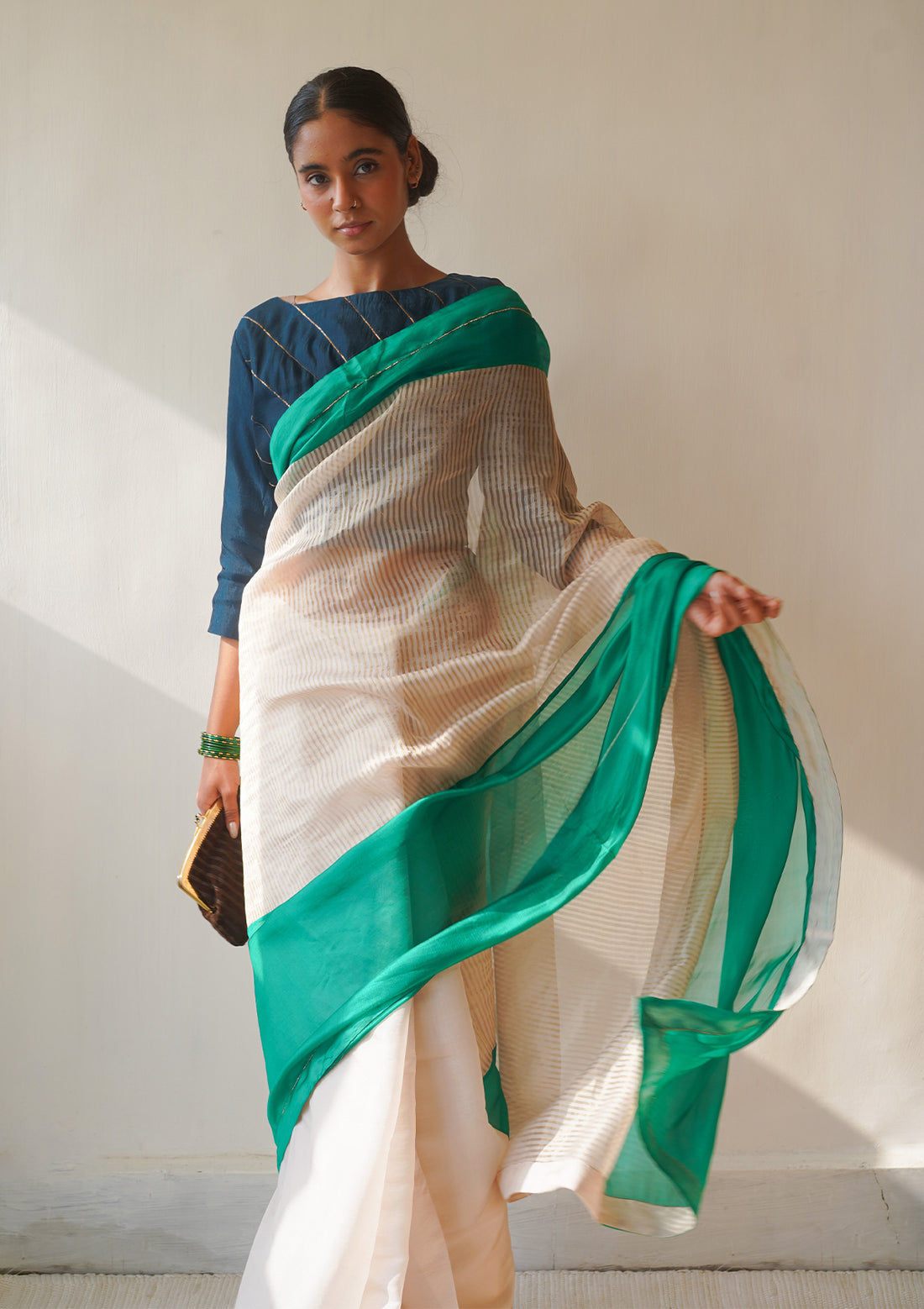Ivory and Emerald Colour Block Saree