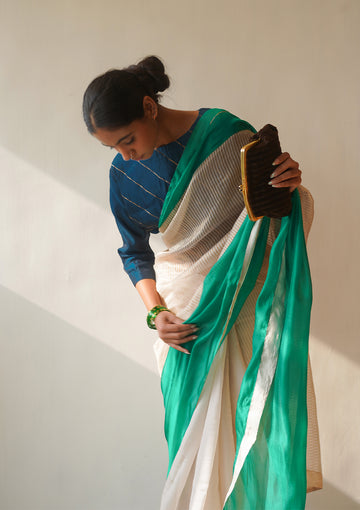 Ivory and Emerald Colour Block Saree