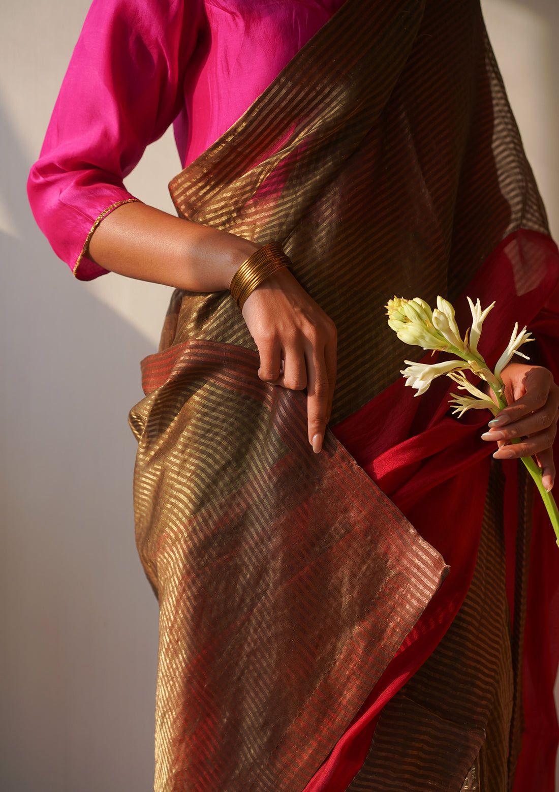 Gold and Scarlet Colourblock Saree