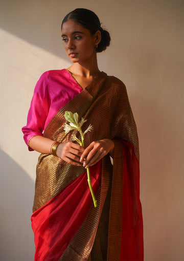 Gold and Scarlet Colourblock Saree