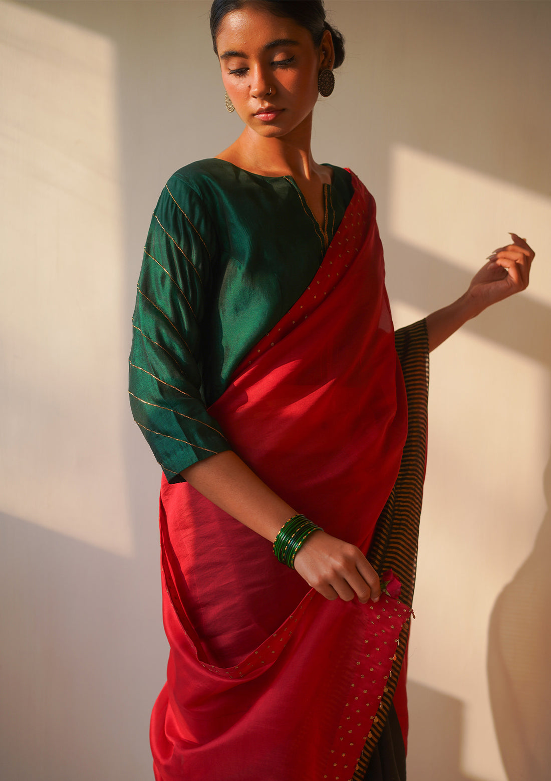 Scarlet and Black Colourblock Saree