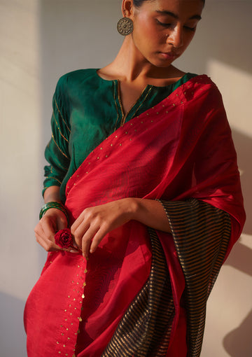 Scarlet and Black Colourblock Saree