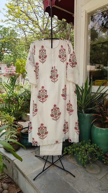 Ivory & Red Blockprint Kurta Set