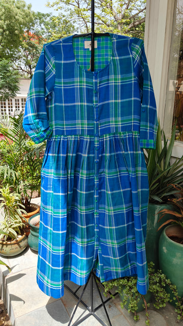 Indigo Buttoned Checkered Dress