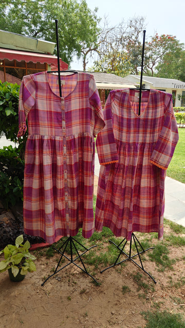 Saffron & Pink Buttoned Checkered Dress