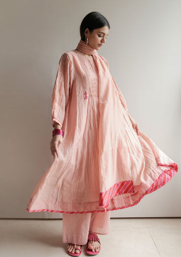 Peach Smocked Floral Kurta Set