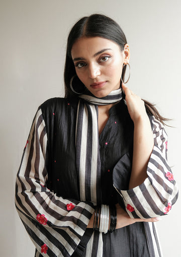 Midnight Black and Ivory Floral Striped Kurta Set