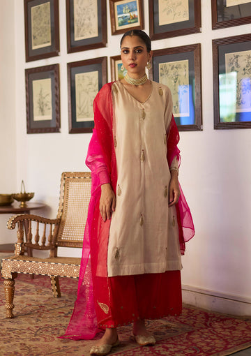 Ivory and Fuchsia Embroidered Kurta Set