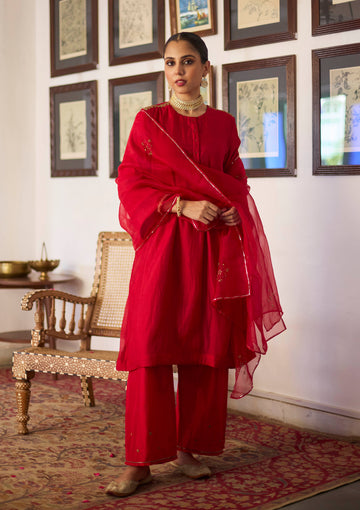 Scarlet Zari Embroidered Silk Kurta Set