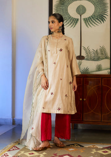 Ivory Floral Embroidered Kurta Set