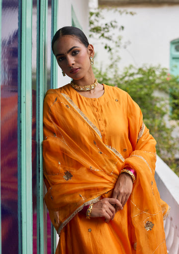 Saffron Zardozi Embroidered Kurta Set