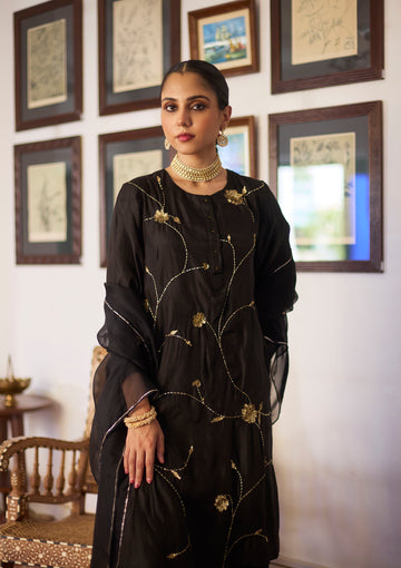 Midnight Black Floral Jaal Kurta Set