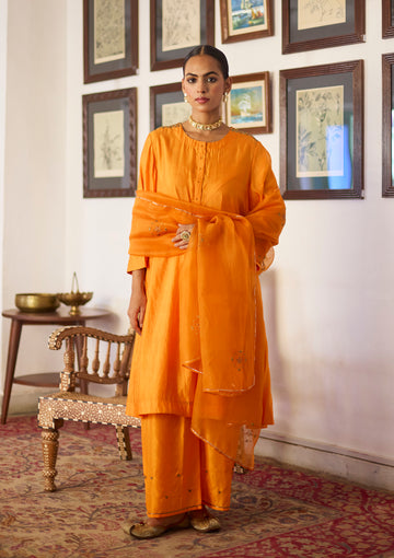 Saffron Zari Embroidered Silk Kurta Set