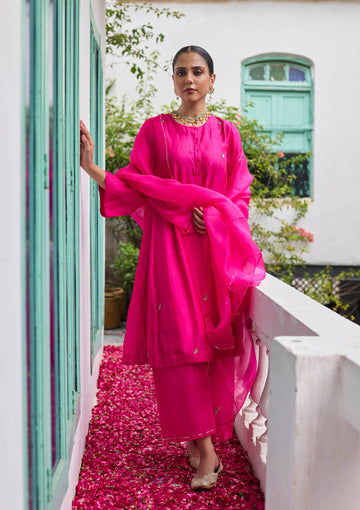 Fuchsia Silk Embroidered Kurta Set