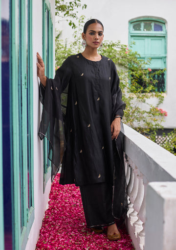 Midnight Black Silk Embroidered Kurta Set