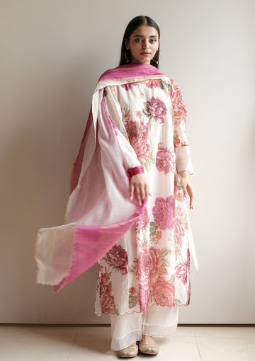 Fuchsia Floral Pintuck Kurta Set