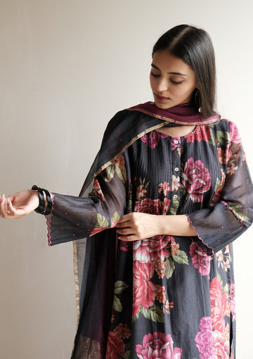 Midnight Black Floral Pintuck Kurta Set