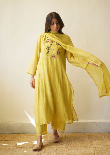 Canary Sequinned Floral Kurta Set