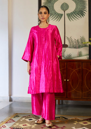 Fuchsia Zari Checkered Kurta Set