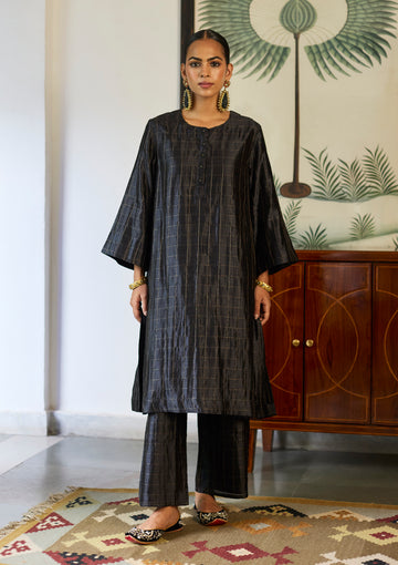 Midnight Black Zari Checkered Kurta Set
