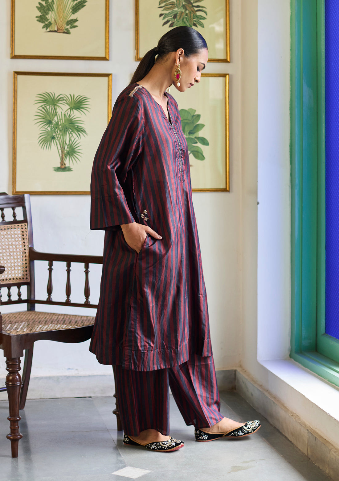 Berry & Midnight Black Striped Kurta Set