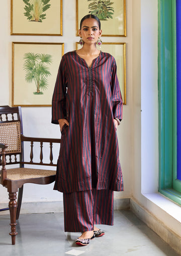 Berry & Midnight Black Striped Kurta Set