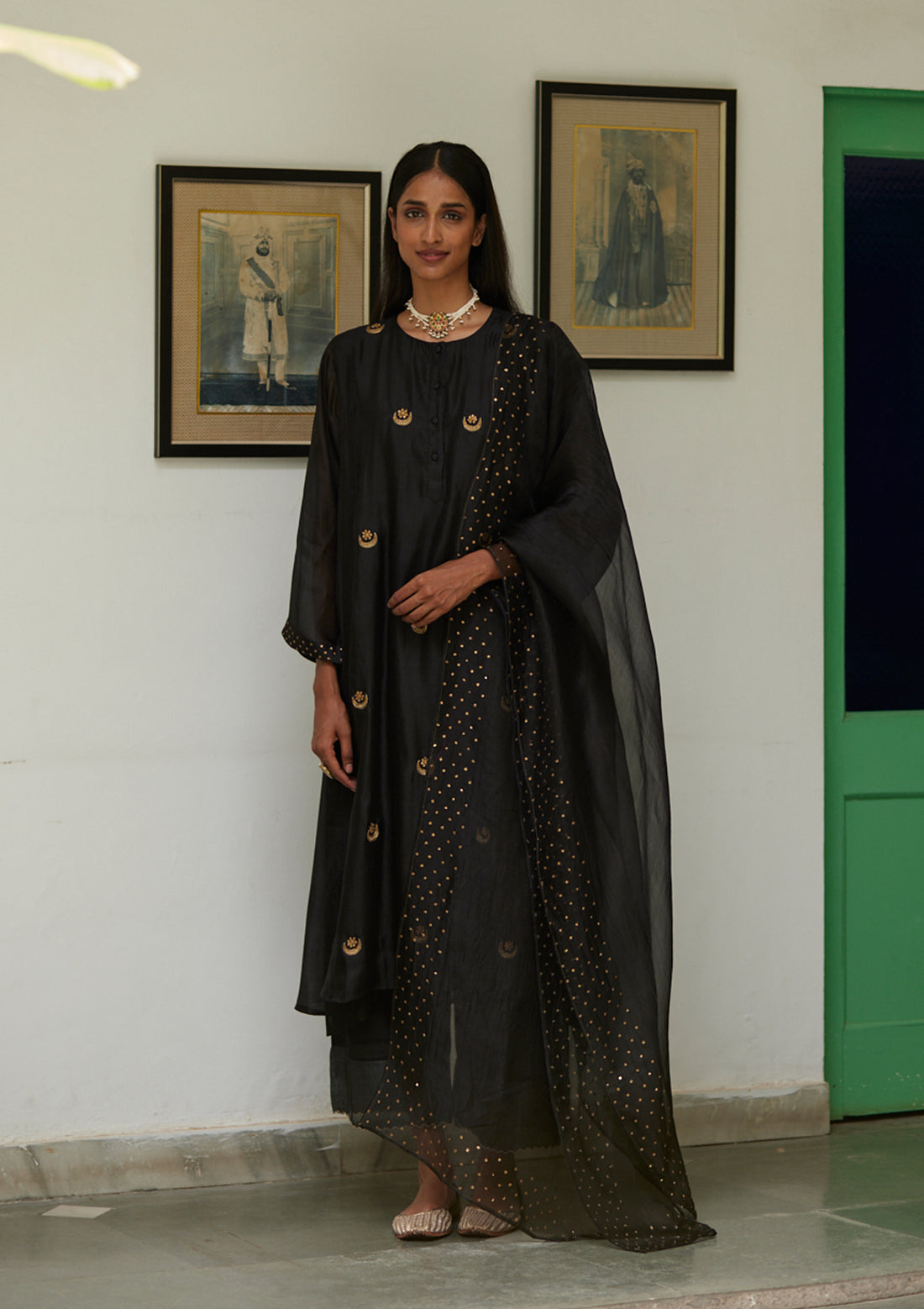 Black Chaand Buta Embroidered Kurta Set
