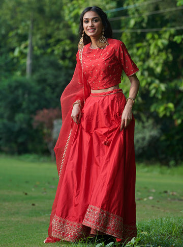 Scarlet Embroidered Lehenga Set
