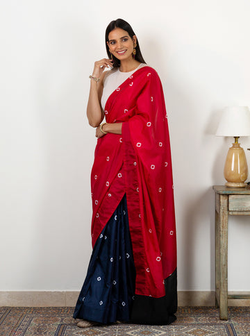 Tie Dye Scarlet and Blue Panelled Saree