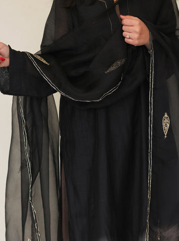 Midnight Black Embroidered Organza Dupatta