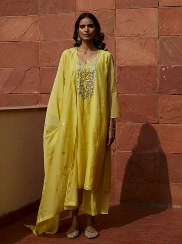 Canary Yellow Mukaish Kurta Set
