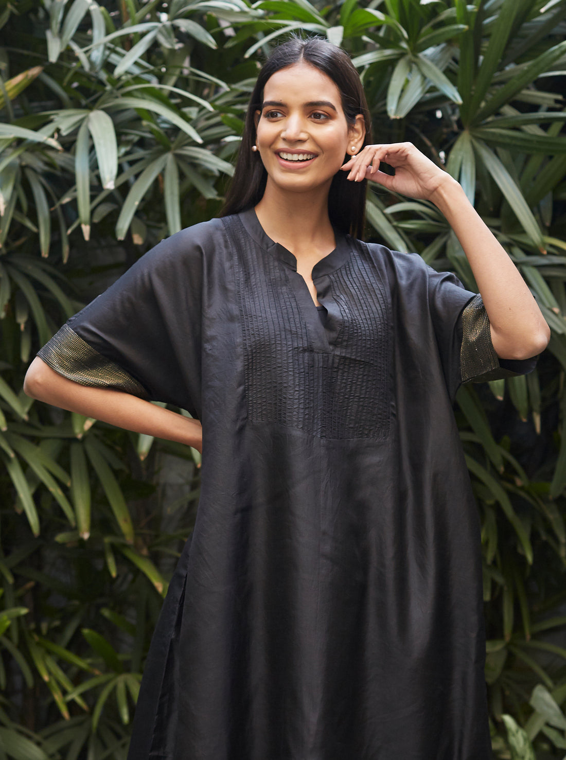 Midnight Black Flowy Silk Kurta Set