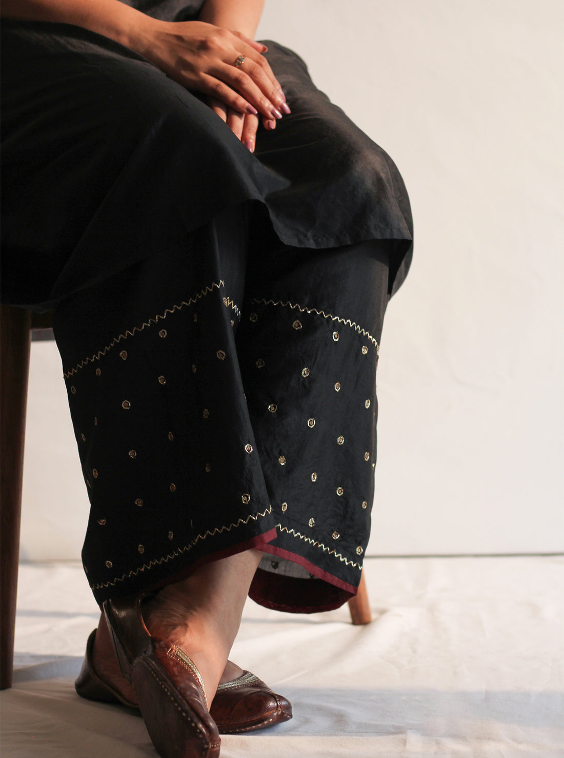 Midnight Black Embroidered Silk Farshi